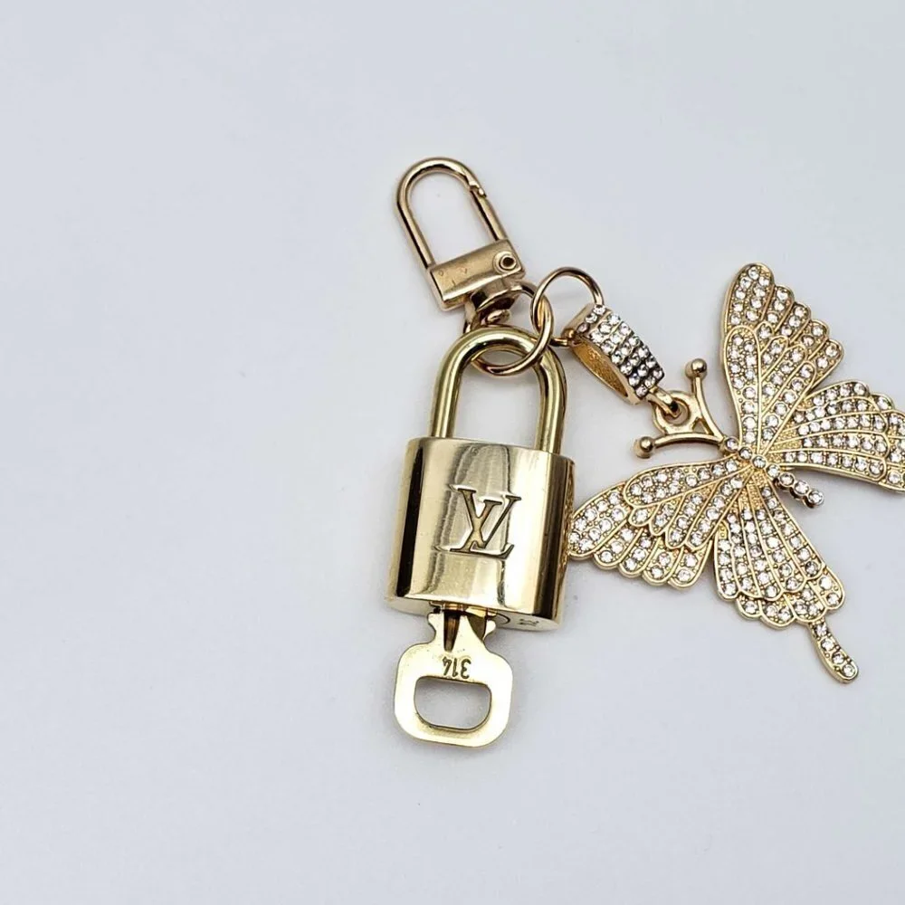 LV Authentic Gold Lock & Key 🔑 Luxury Bag Charm w/ Unbranded Butterfly Keychain